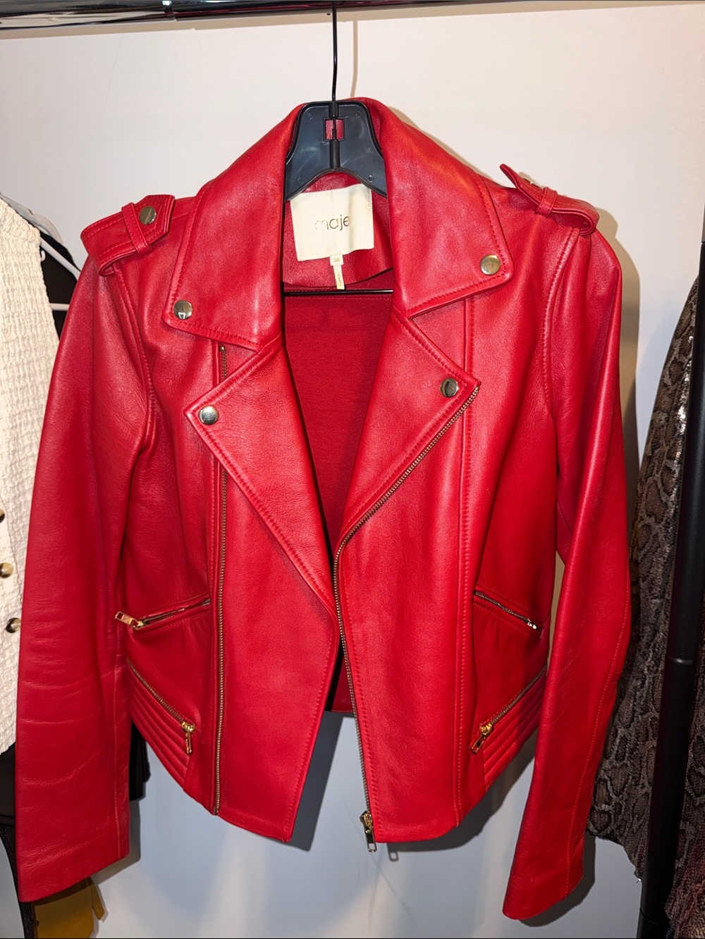 Maje Red Leather Moto Jacket with Zip Details size 38